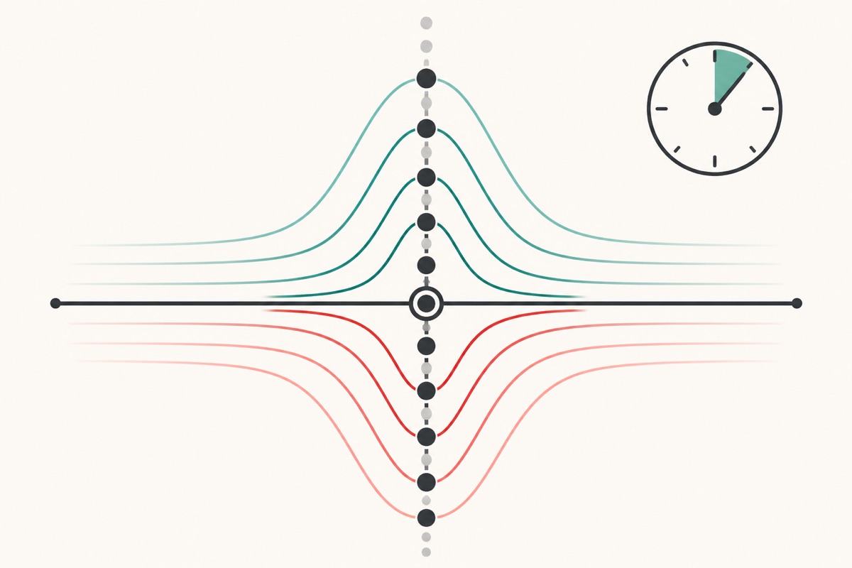 Educational 0DTE diagram showing option sensitivity near a strike and a clock approaching expiration