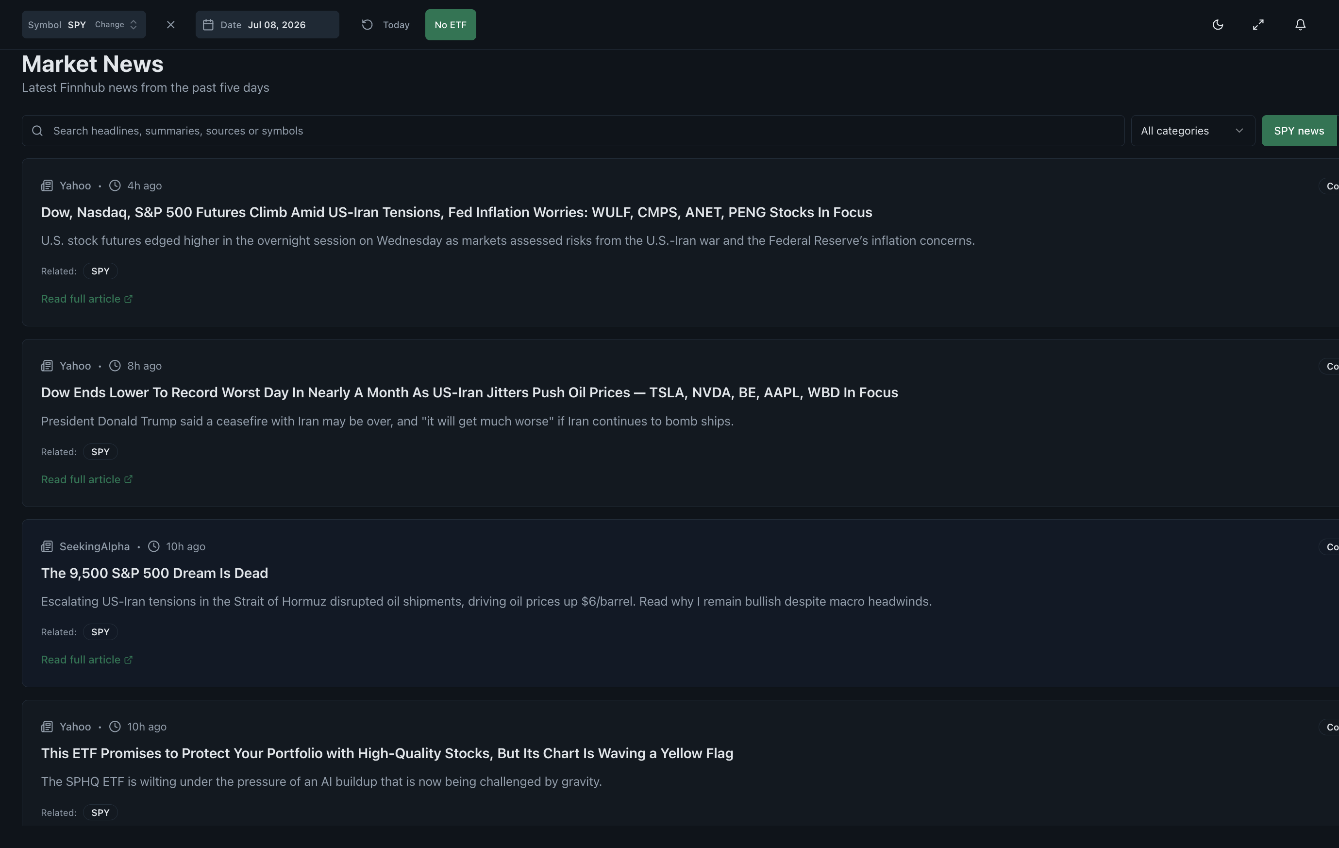 Market news context dashboard with ticker filter search categories and timestamped headlines
