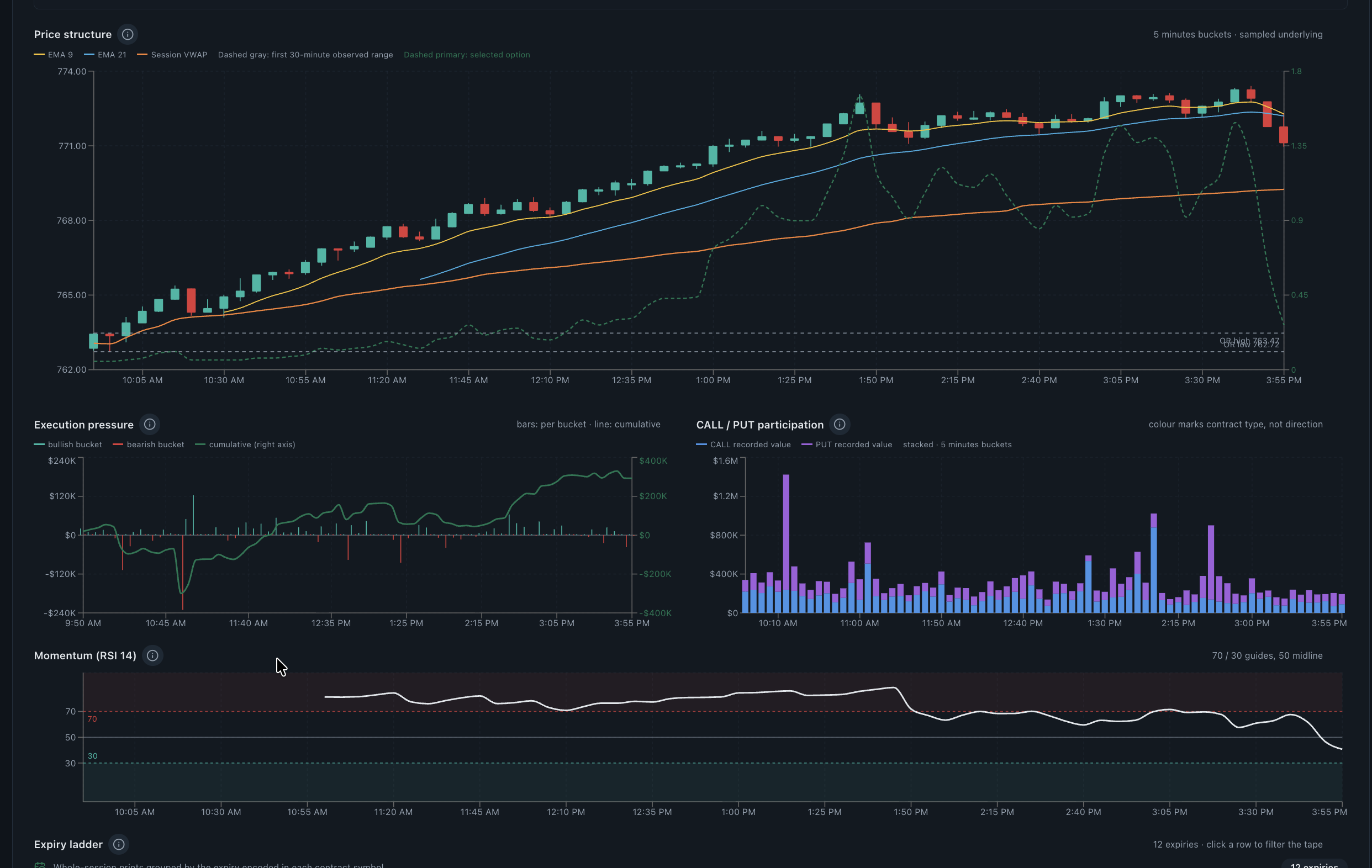 Underlying Pulse detail with price structure execution pressure call put participation momentum and expiry ladder